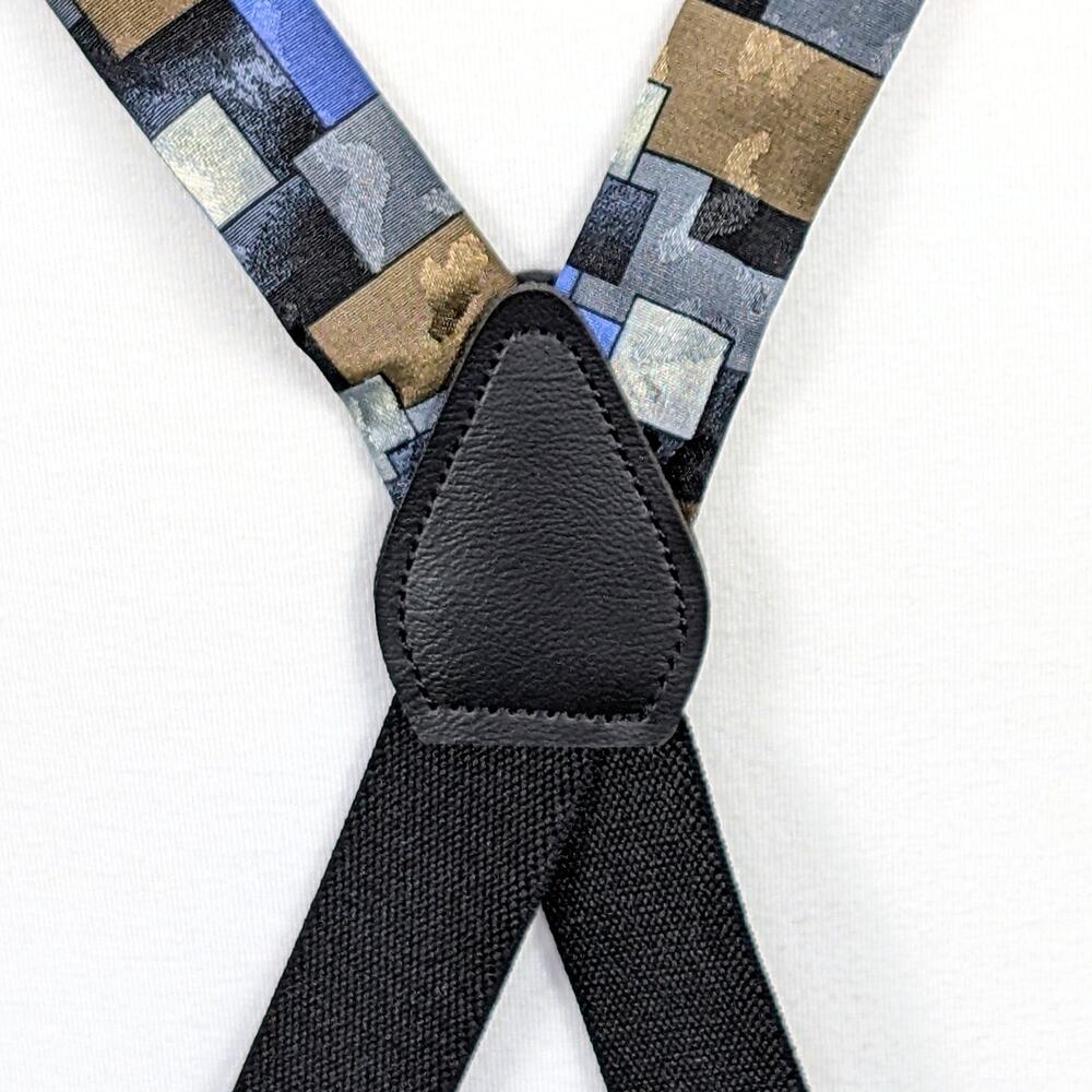 Retro Y-Back Clip On Suspenders 90s Abstract Geometric Eclectic Brown Blue Black